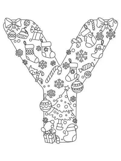 Intricate black and white letter Y decorated with Christmas ornaments, stockings, and a tree for preschool coloring