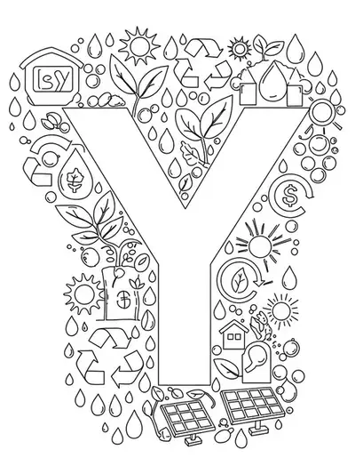 Letter Y surrounded by recycling symbols, leaves, solar panels, and water drops.