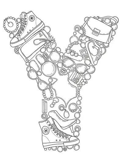 Letter Y decorated with fashion accessories like sunglasses, sneakers, and jewelry.