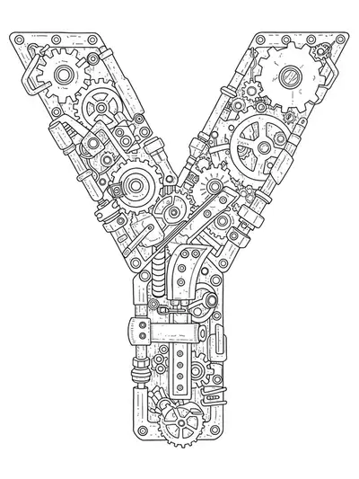 Letter Y formed from intricate steampunk gears and machinery in black and white line art.
