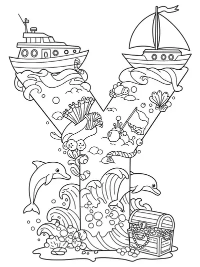 Large letter Y with fantasy yachts, dolphins, and treasure chest on the sea.