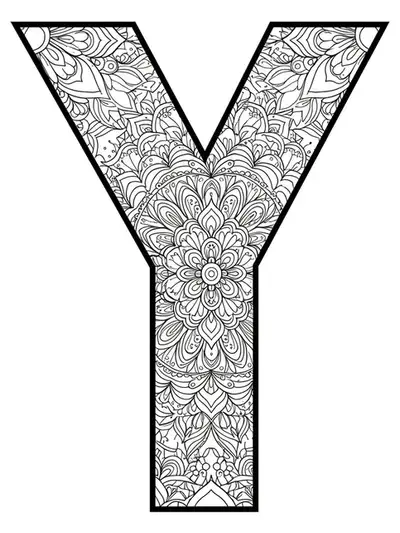 Letter Y filled and surrounded by elaborate mandala and zentangle patterns with complex, fine details.