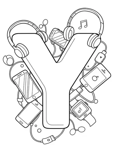 Coloring page with a large letter Y and simple outlines of tech gadgets.