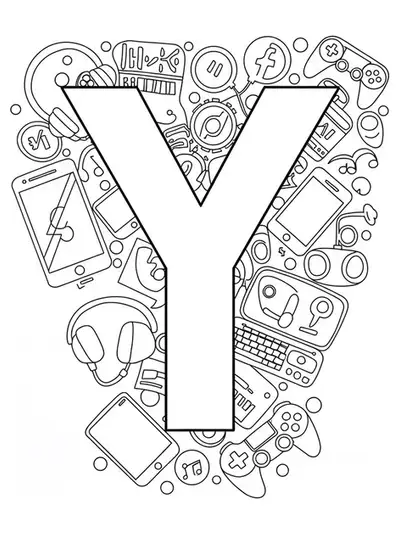 Letter Y with technology items like smartphones, earbuds, game controllers, and social icons.