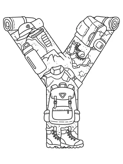Large letter Y with simple camping and mountain gear illustrations.