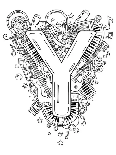 Letter Y surrounded by guitars, musical notes, headphones, and festival wristbands.