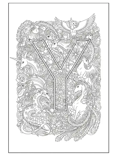 Letter Y entwined with line art dragons, unicorns, and phoenixes in a mythical style.