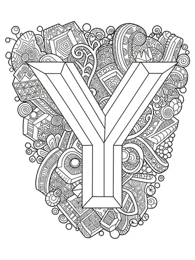 Letter Y intertwined with intricate optical illusion and impossible geometric patterns, highly detailed lines.