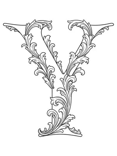 Letter Y surrounded by ornate baroque scrolls and floral flourishes in complex line art.