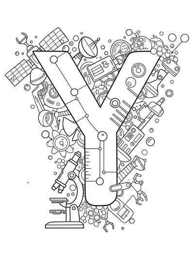 Letter Y with science-themed elements like test tubes, microscopes, satellites, and robotics.
