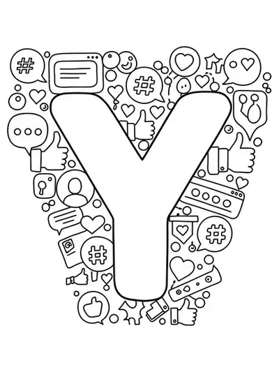 Letter Y coloring page with basic social media icon outlines.