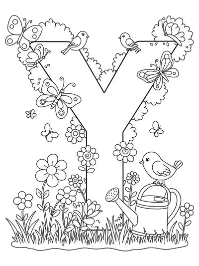 Large letter Y with butterflies, flowers, grass, watering can, and birds.