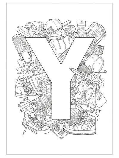 Letter Y encircled by streetwear items like sneakers, hoodies, caps, and geometric patterns.