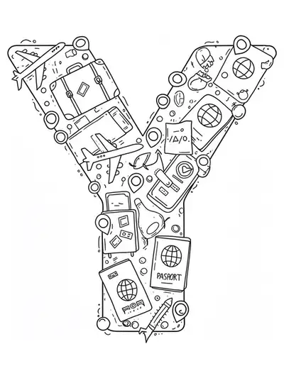 Large letter Y with basic travel icon outlines like a suitcase and airplane.