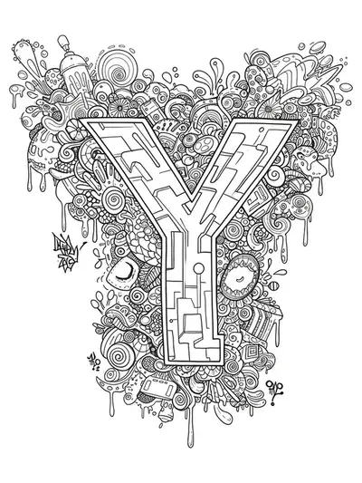 Intricate letter Y surrounded by urban graffiti, complex patterns, and detailed street art doodles.