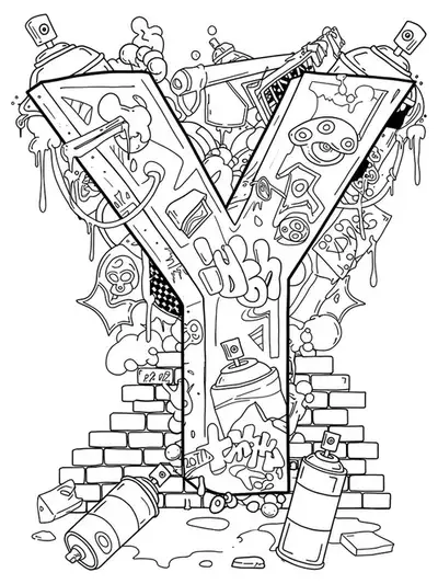 Letter Y in bold black outline, surrounded by graffiti patterns and urban art symbols.