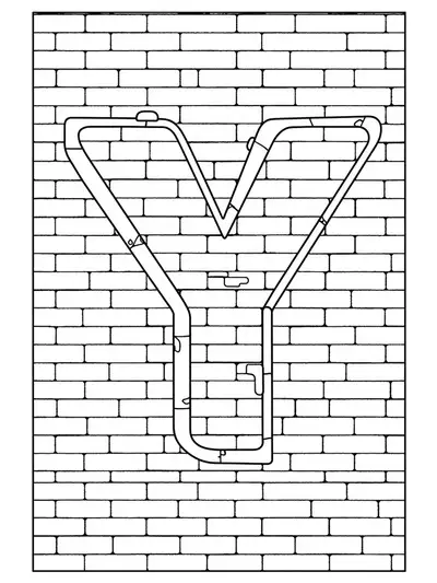 Simple coloring page of a large letter Y with graffiti and brick wall elements.
