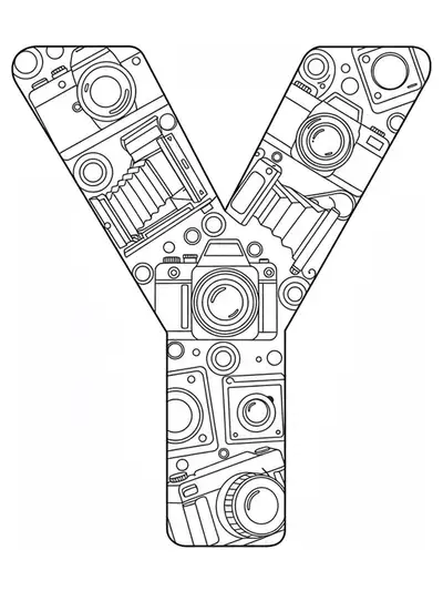 Large letter Y with easy vintage camera and photography icons.