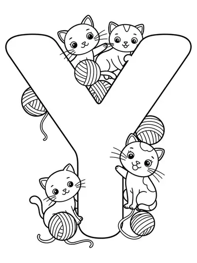 Large letter Y with playful kittens and balls of yarn.