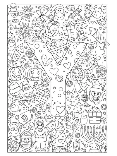 A detailed coloring page of the letter Y with symbols from various holidays, including fireworks, eggs, pumpkins, and trees.
