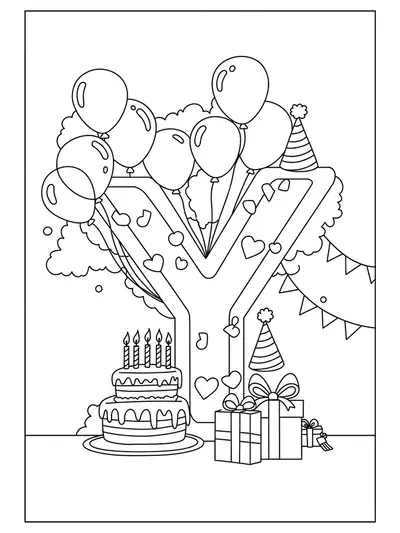 Large letter Y with balloons, cake, presents, and party hats.