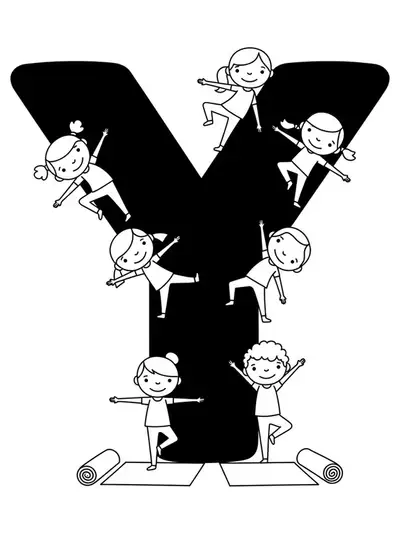 Large letter Y with children in yoga poses and yoga mats.