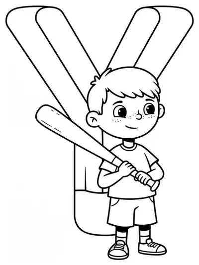 Large letter Y beside a child holding a baseball bat, easy lines for young children.