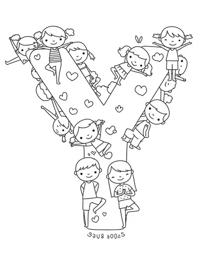 Letter Y coloring page with children doing yoga poses like tree and cobra around the letter.