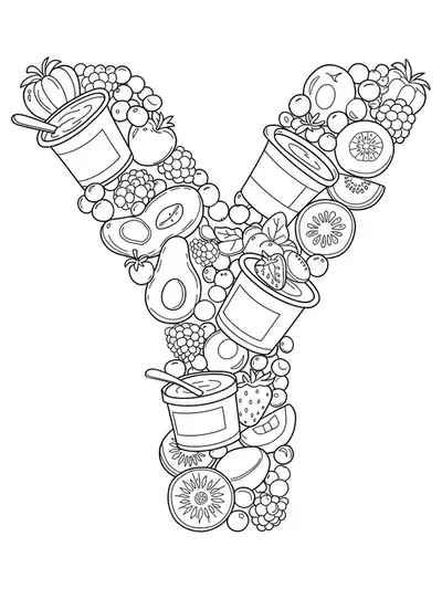 Coloring page with the letter Y, surrounded by yogurt cups, berries, and fruits, medium detail.