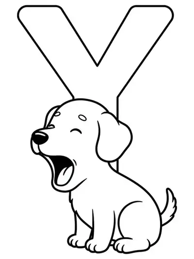Large letter Y with a simple cartoon puppy yawning, easy outlines for coloring.