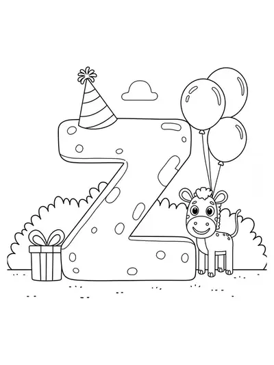 Coloring page with letter Z in a party hat, balloons, and a smiling zoo animal.