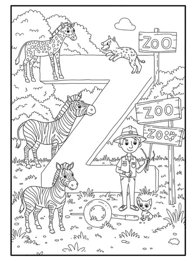 A medium detail coloring page with a large letter Z, zebras, a zookeeper, and zoo scenery for elementary kids.