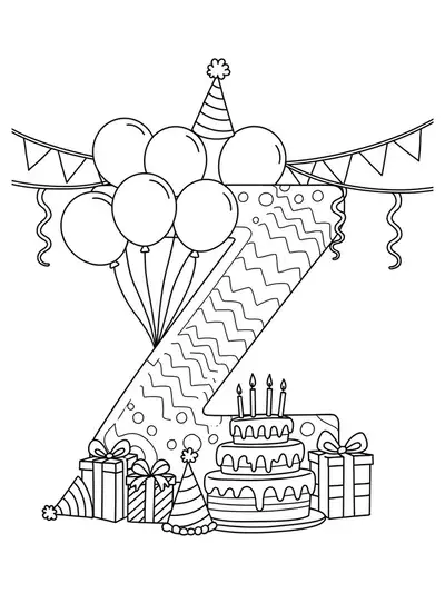 Letter Z with balloons, streamers, cake, and presents, birthday and party themed coloring page for kids.