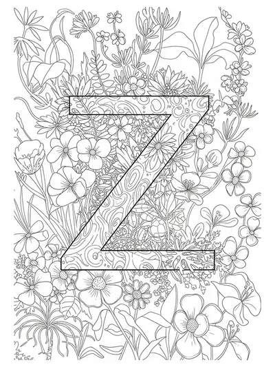Coloring page with the letter Z surrounded by detailed botanical garden plants and flowers for teens
