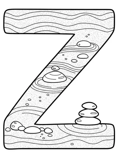 Easy coloring page showing the letter Z with Zen garden lines and simple stones.