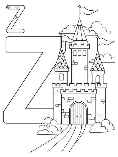 Letter Z coloring page with a fairy tale castle, flags, and clouds, easy for elementary students.