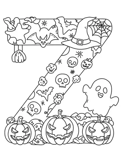 Letter Z Halloween coloring page with pumpkins, bats, and a friendly ghost, easy for elementary kids.