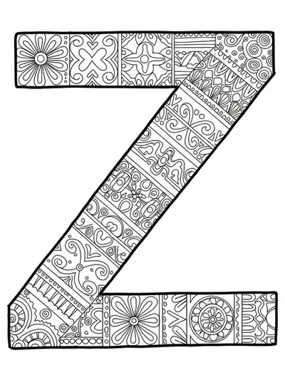 Letter Z decorated with intricate global folk art patterns representing various cultures.