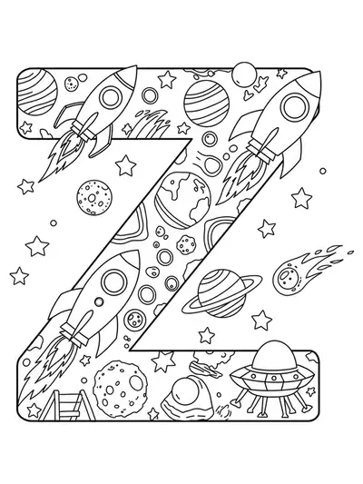 Letter Z with planets, rockets, and stars, space-themed coloring page for elementary students.