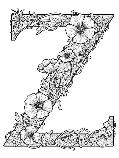 Letter Z woven with vintage botanical elements, including intricate flowers and foliage.