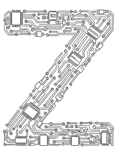 Minimalist tech circuit coloring page with the letter Z made from circuit lines and chips for teens