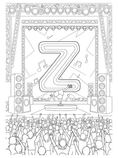 Coloring page with the letter Z on a concert stage, musical notes, and festival crowd for teens