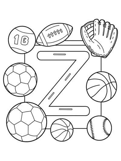 Letter Z coloring page with soccer ball, basketball, and baseball glove, designed for easy coloring by elementary kids.