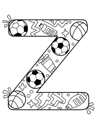 Letter Z with sports balls, equipment, and ribbons, sports themed coloring page for elementary students.