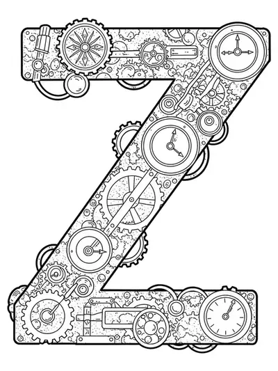 Steampunk coloring page with letter Z covered in gears, cogs, and vintage clockwork for teens