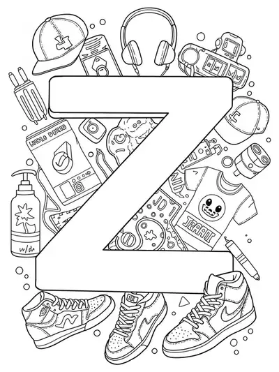 Coloring page featuring the letter Z with street fashion items such as sneakers and headphones for teens