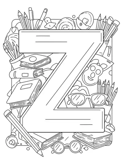 Letter Z with books, pencils, and a pair of glasses outlined around it