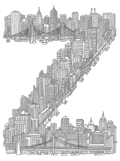 Letter Z amidst detailed cityscape architecture, including skyscrapers, bridges, and urban features.