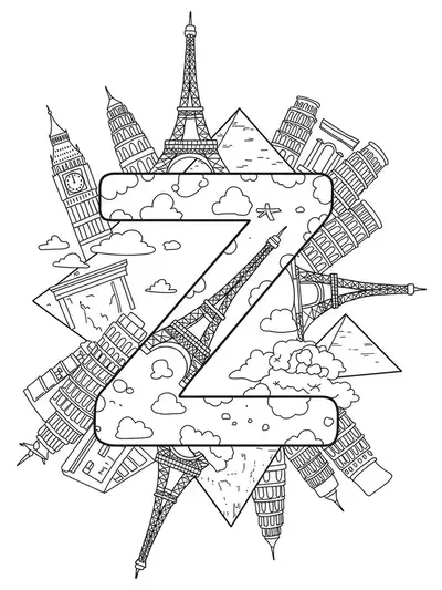Letter Z with basic outlines of famous global travel landmarks.