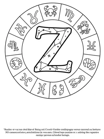 Letter Z encircled by basic zodiac sign symbols with thick, easy outlines.